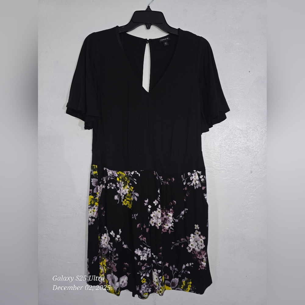 Torrid Black and Purple Floral Midi Romper.
